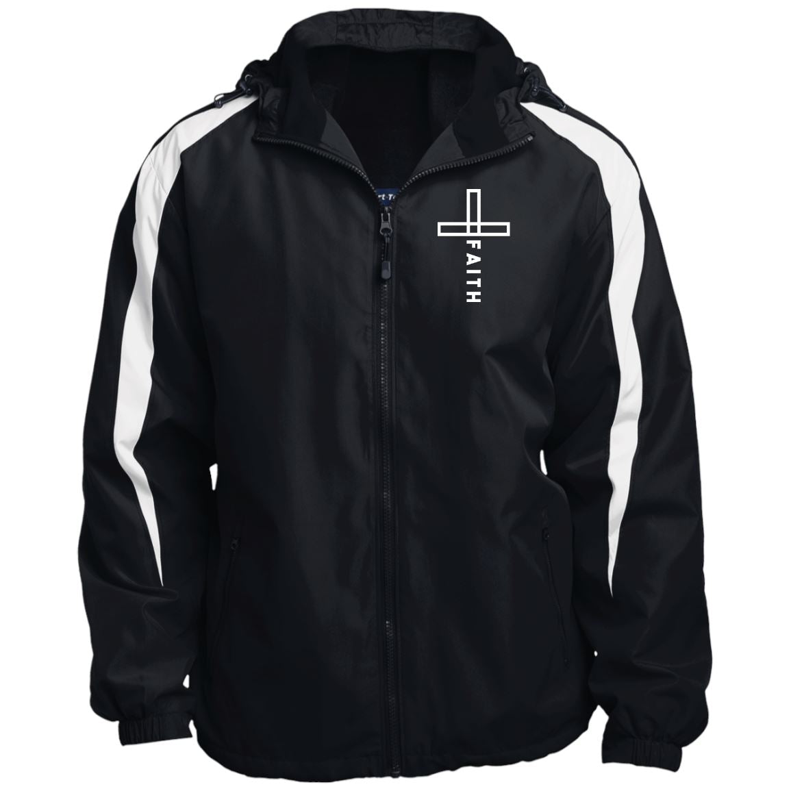 Cross Faith Fleece Lined Colorblocked Hooded Christian Jacket CustomCat Black/White X-Small 