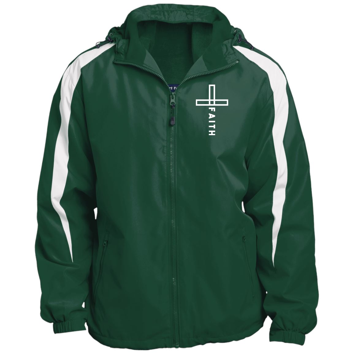 Cross Faith Fleece Lined Colorblocked Hooded Christian Jacket CustomCat Forest Green/White X-Small 