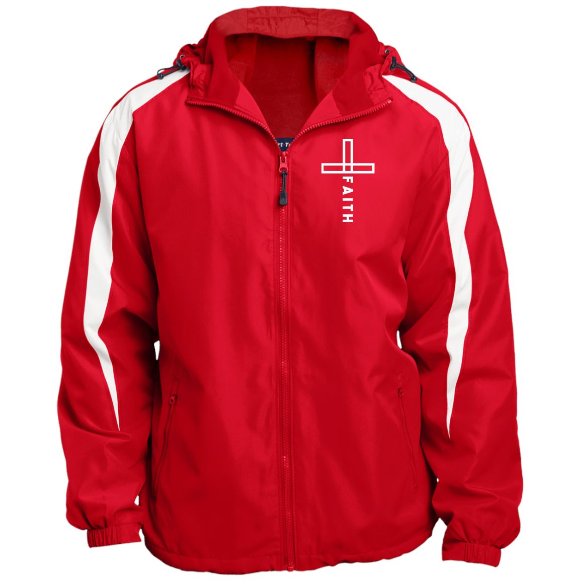 Cross Faith Fleece Lined Colorblocked Hooded Christian Jacket CustomCat True Red/White X-Small 