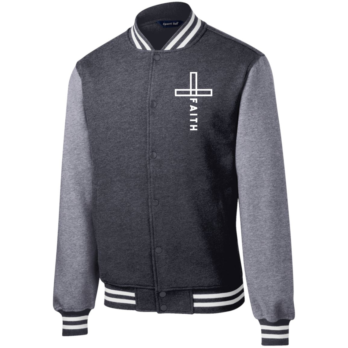 Faith Fleece Letterman Christian Jacket Sweatshirts CustomCat Graphite Heather/Vintage Heather X-Small 