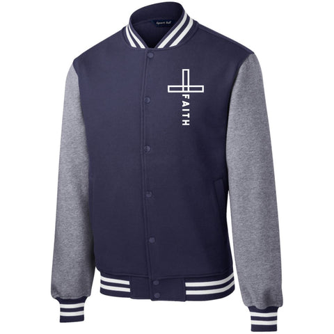 Faith Fleece Letterman Christian Jacket Sweatshirts CustomCat True Navy/Vintage Heather X-Small 