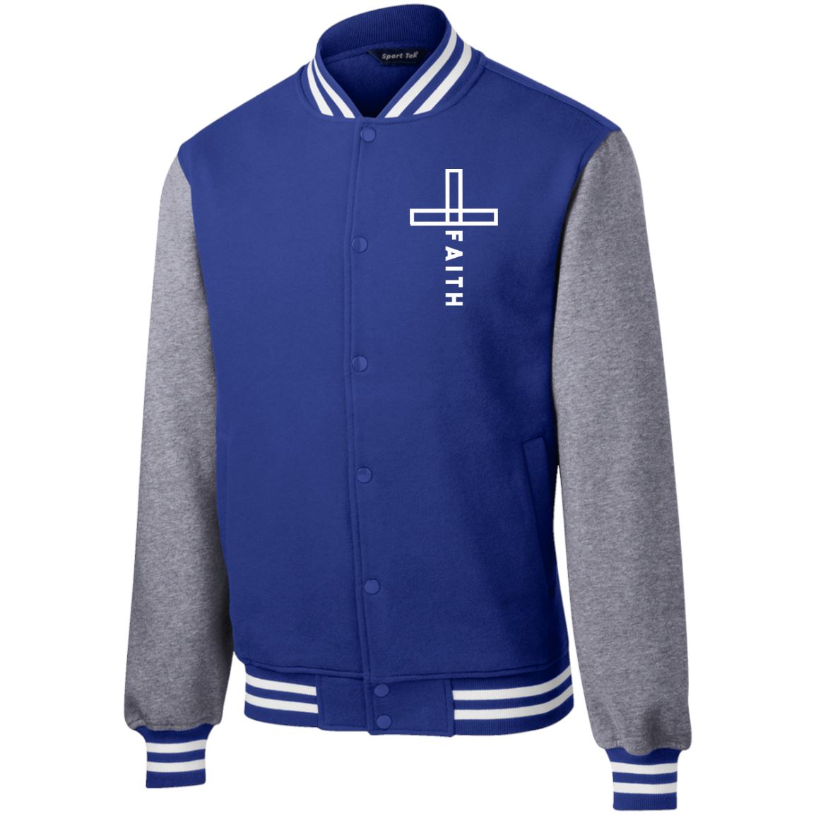 Faith Fleece Letterman Christian Jacket Sweatshirts CustomCat True Royal/Vintage Heather X-Small 
