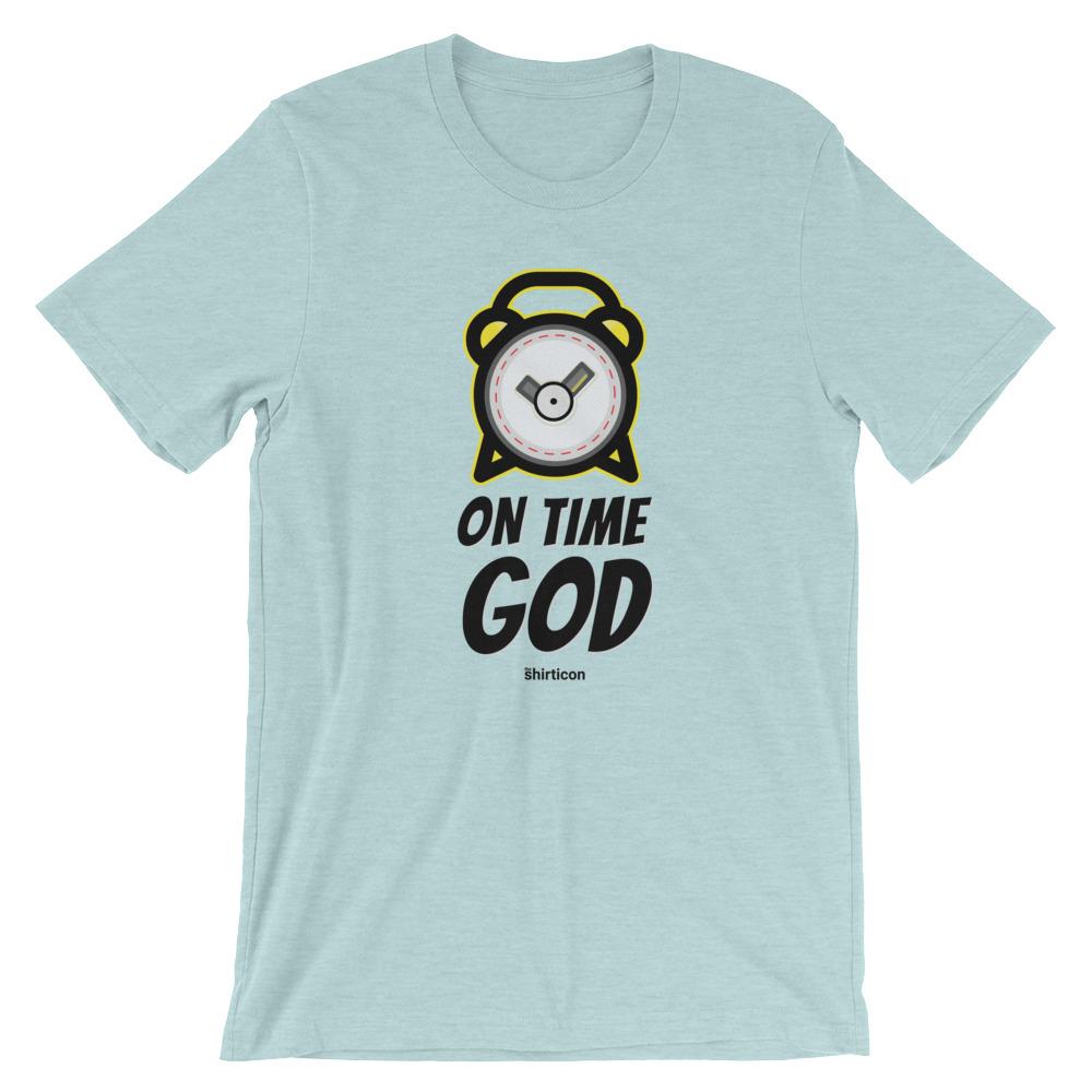 On Time God T-Shirt EternalChristianTees Heather Prism Ice Bl S 