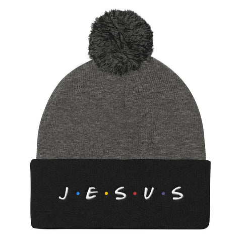The Shirt Icon Jesus 90s Pom Pom Knit Cap - Christian Winter Hat EternalChristianTees Dark Heather Grey/ Black 