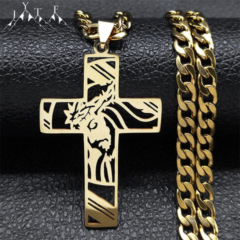 Faith-Inspired Crown of Thorns Jesus Cross Necklace for Men - Stainless Steel Gold Plated Crucifix Pendant Jewelry