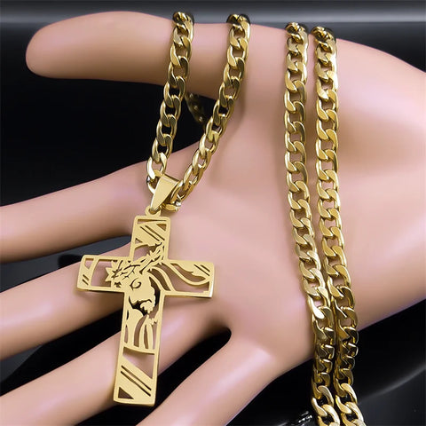 Faith-Inspired Crown of Thorns Jesus Cross Necklace for Men - Stainless Steel Gold Plated Crucifix Pendant Jewelry