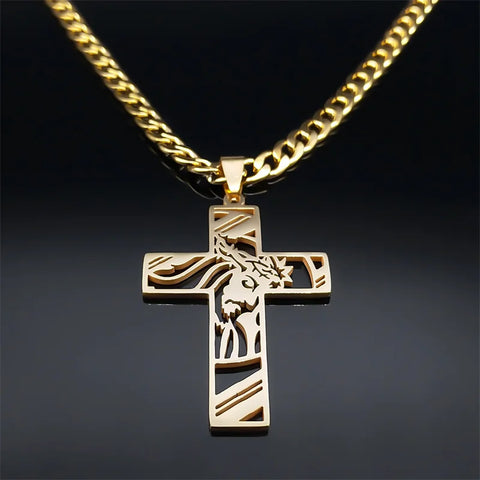 Faith-Inspired Crown of Thorns Jesus Cross Necklace for Men - Stainless Steel Gold Plated Crucifix Pendant Jewelry