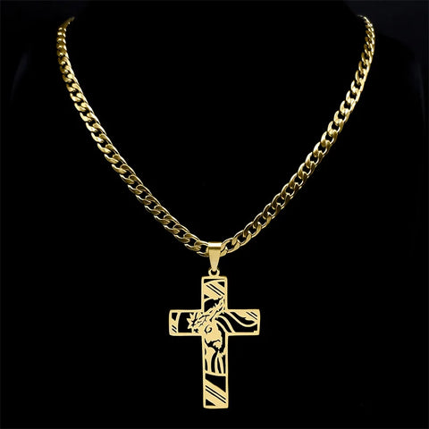 Faith-Inspired Crown of Thorns Jesus Cross Necklace for Men - Stainless Steel Gold Plated Crucifix Pendant Jewelry