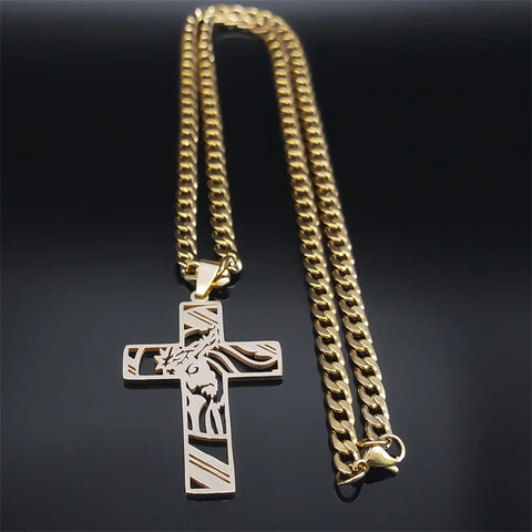 Faith-Inspired Crown of Thorns Jesus Cross Necklace for Men - Stainless Steel Gold Plated Crucifix Pendant Jewelry