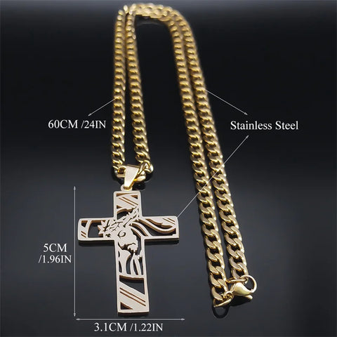 Faith-Inspired Crown of Thorns Jesus Cross Necklace for Men - Stainless Steel Gold Plated Crucifix Pendant Jewelry