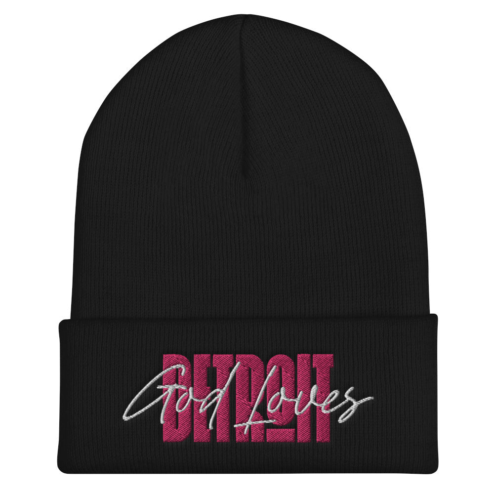 God Loves Detroit Beanie Winter Hat - Pink Text