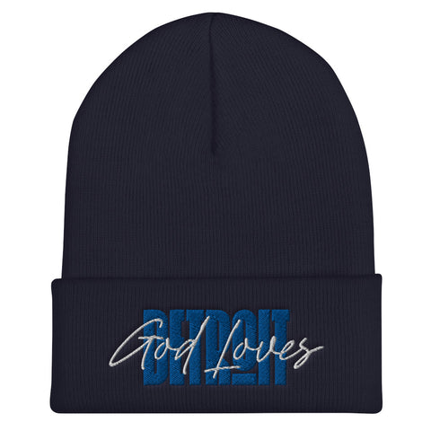 God Loves Detroit Beanie Winter Hat - Blue Text