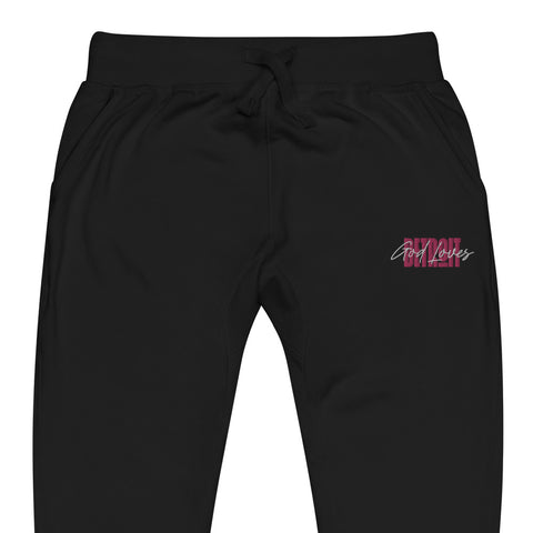 Embroidered God Loves Detroit Sweatpants Fleece Joggers - Pink Text