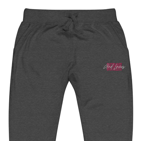 Embroidered God Loves Detroit Sweatpants Fleece Joggers - Pink Text