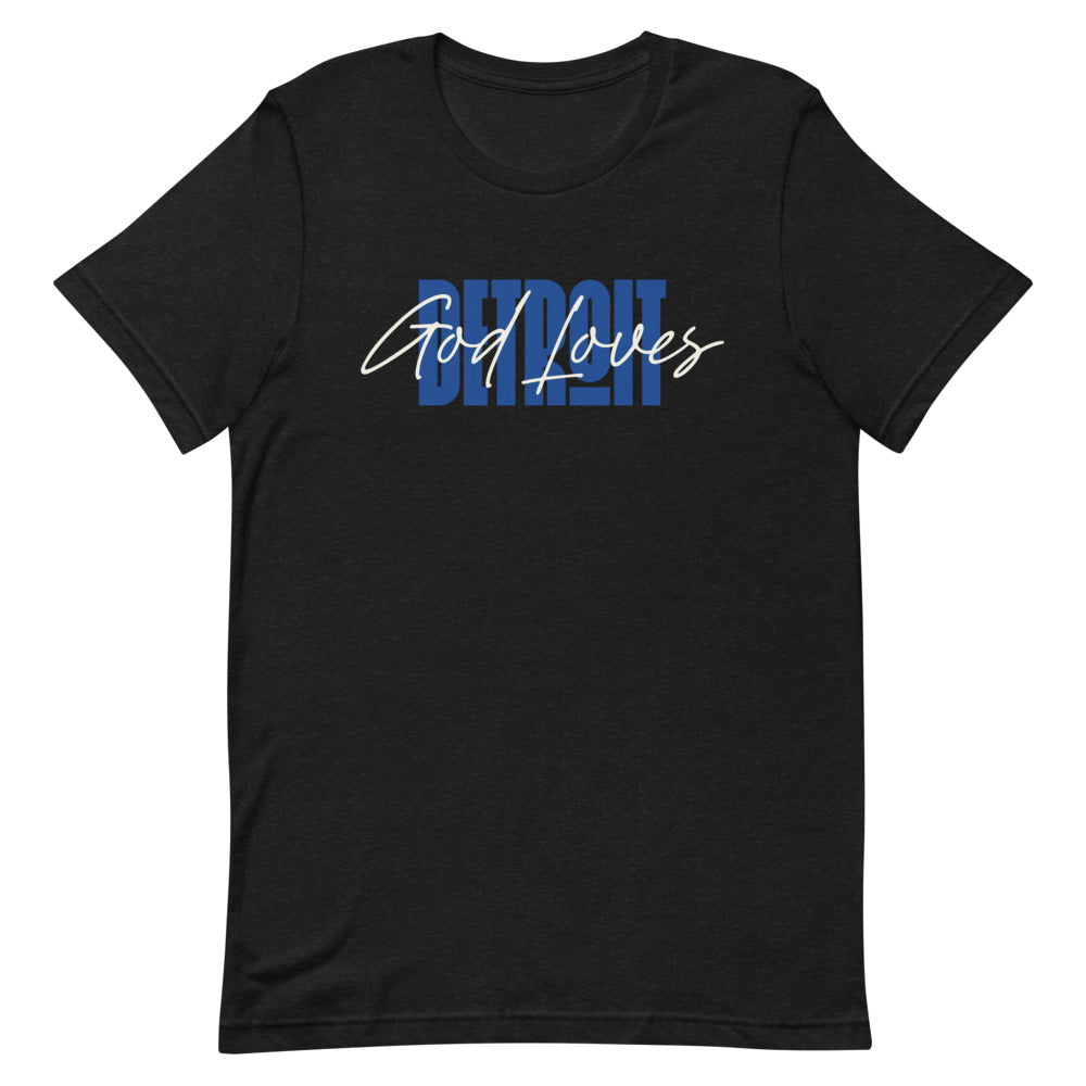 God Loves Detroit T-Shirt - Blue Text