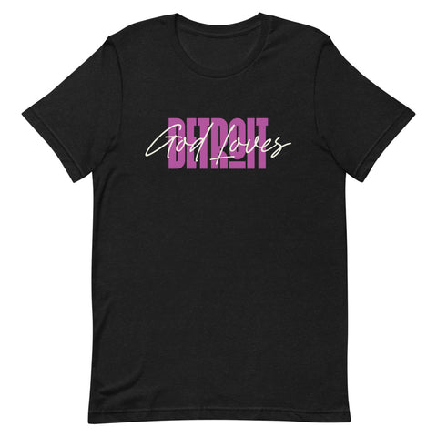 God Loves Detroit T-Shirt - Pink Text