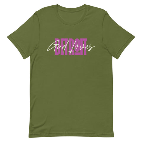 God Loves Detroit T-Shirt - Pink Text